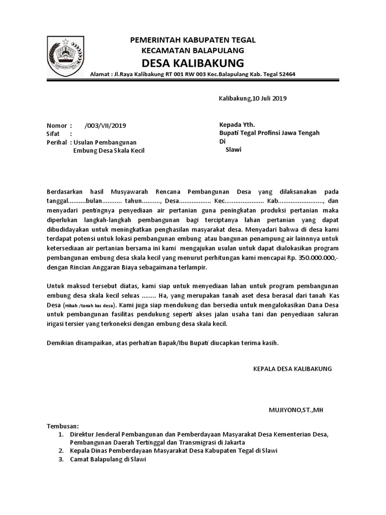 Contoh Format Surat Lampiran Usulan Embung Pto 2019 | PDF