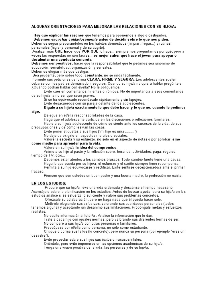 Algunas Orientaciones para Mejorar Las Relaciones Con Su Hijo | PDF ...