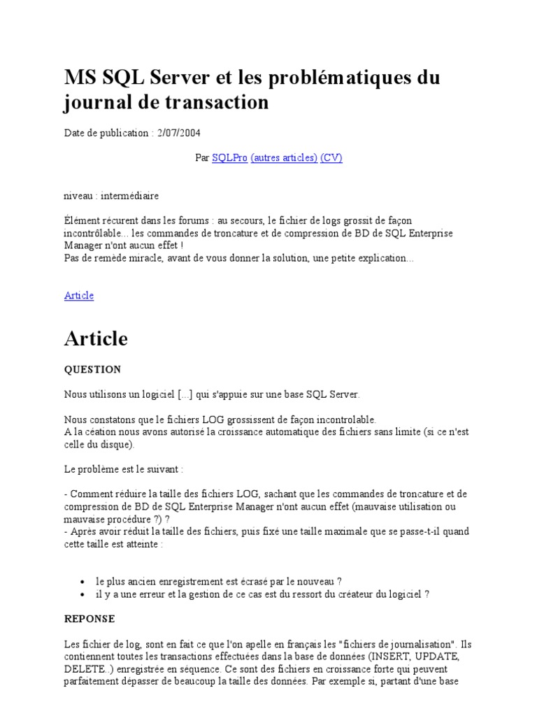 Gestion des fichiers de log SQL Server | PDF | Sauvegarde (informatique ...