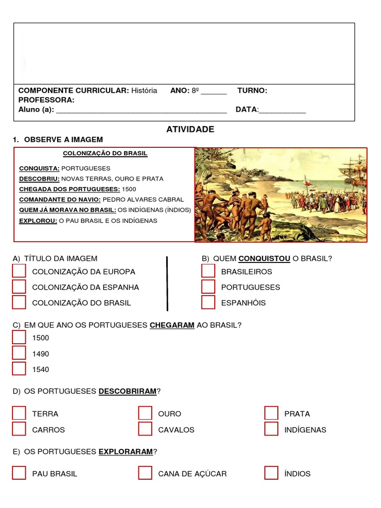 Atividade sobre a Colonização do Brasil | PDF