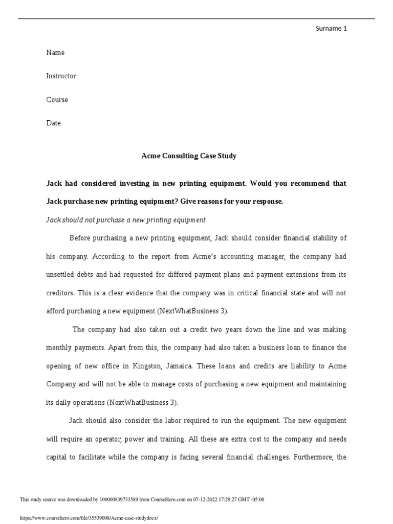 Acme Case Study PDF Credit Finance & Money Management