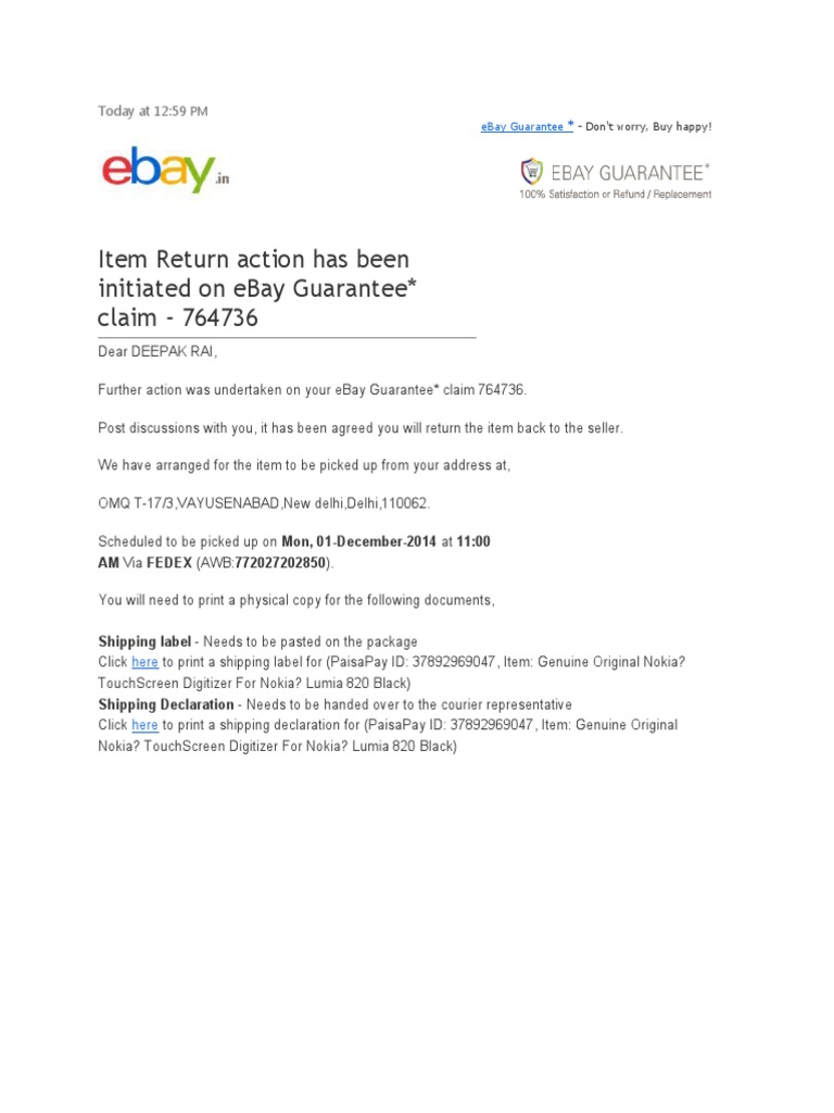 Item Return Action Has Been Initiated On Ebay Guarantee Claim - 764736 ...