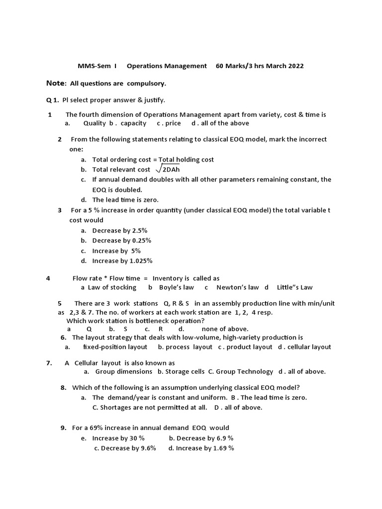 Operations Management Exam Questions | PDF | Business | Business Economics