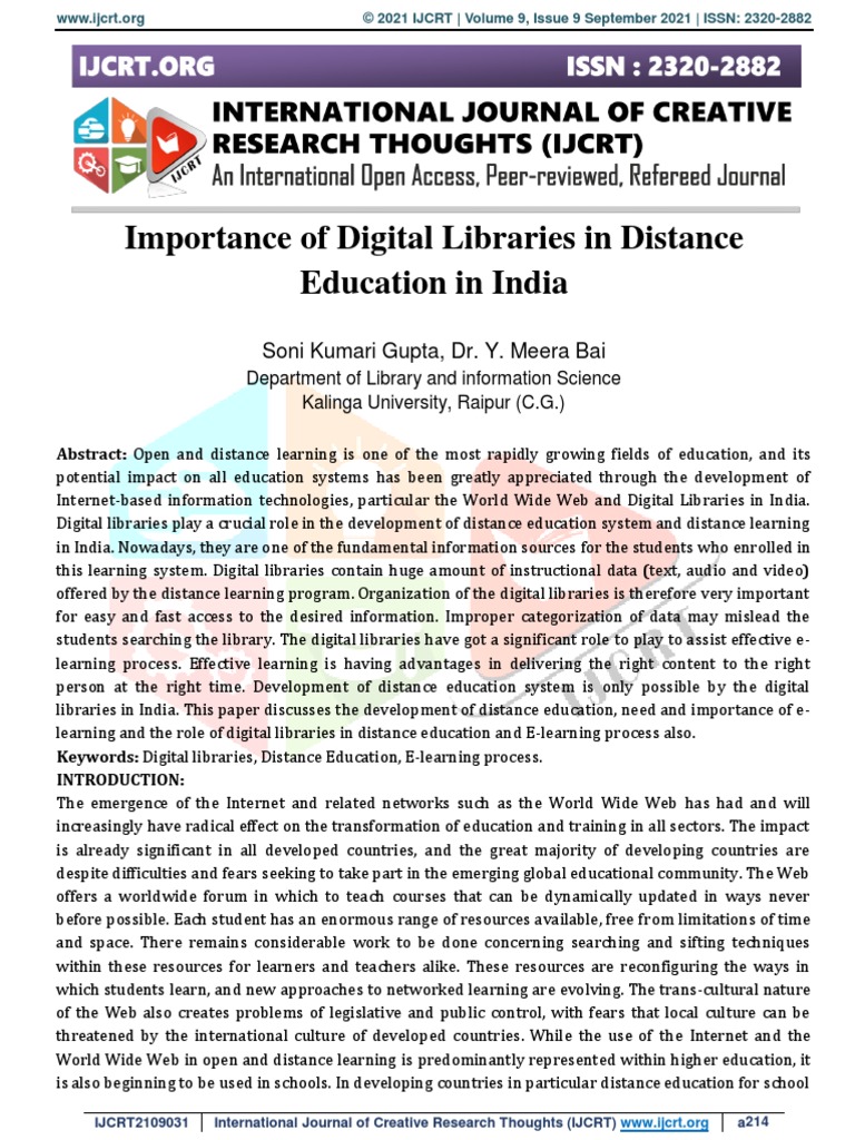 Importance of Digital Libraries in Distance Education in India PDF