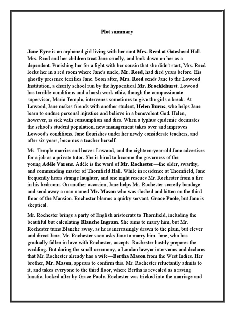 Plot Summary Jane Eyre Is An Orphaned Girl Living With Her Aunt Mrs. Reed at Gateshead Hall