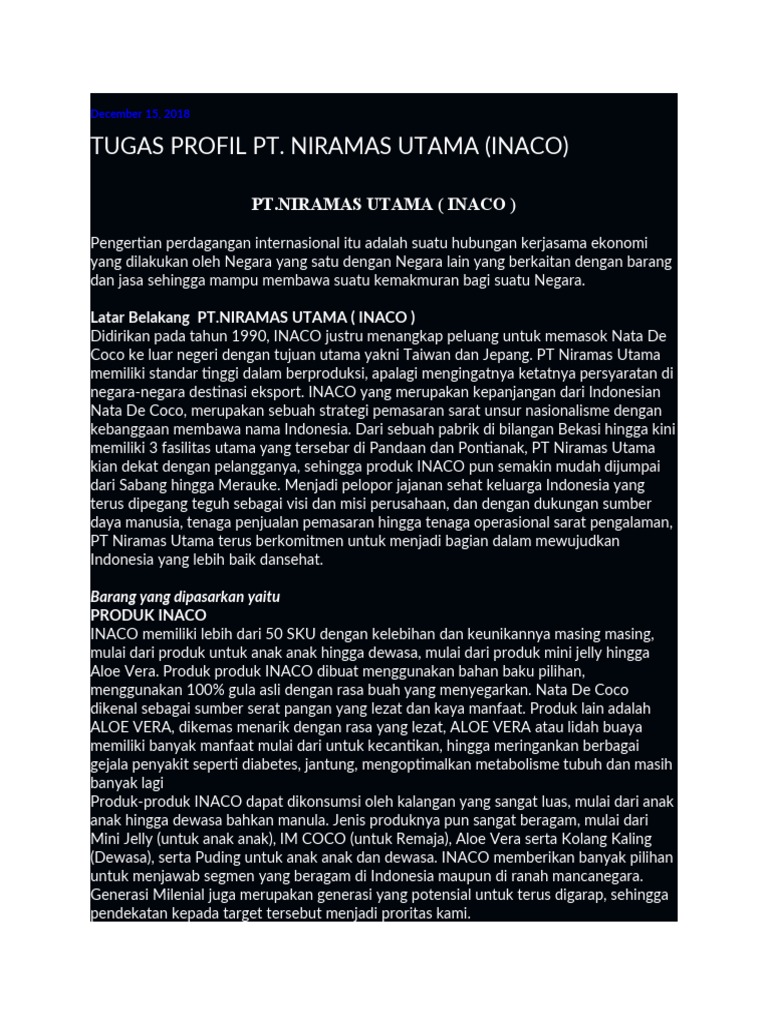 Profil PT Niramas Utama (Inaco) | PDF | Bisnis | Ilmu Sosial
