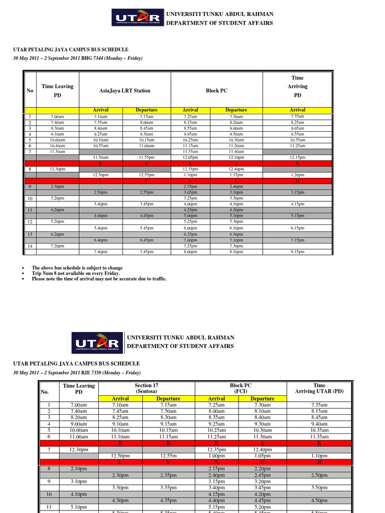 UTAR Petaling Jaya Bus Schedule | PDF