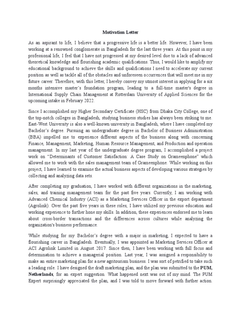 Motivation Letter To Rotterdam University - 2 | PDF | Master's Degree ...