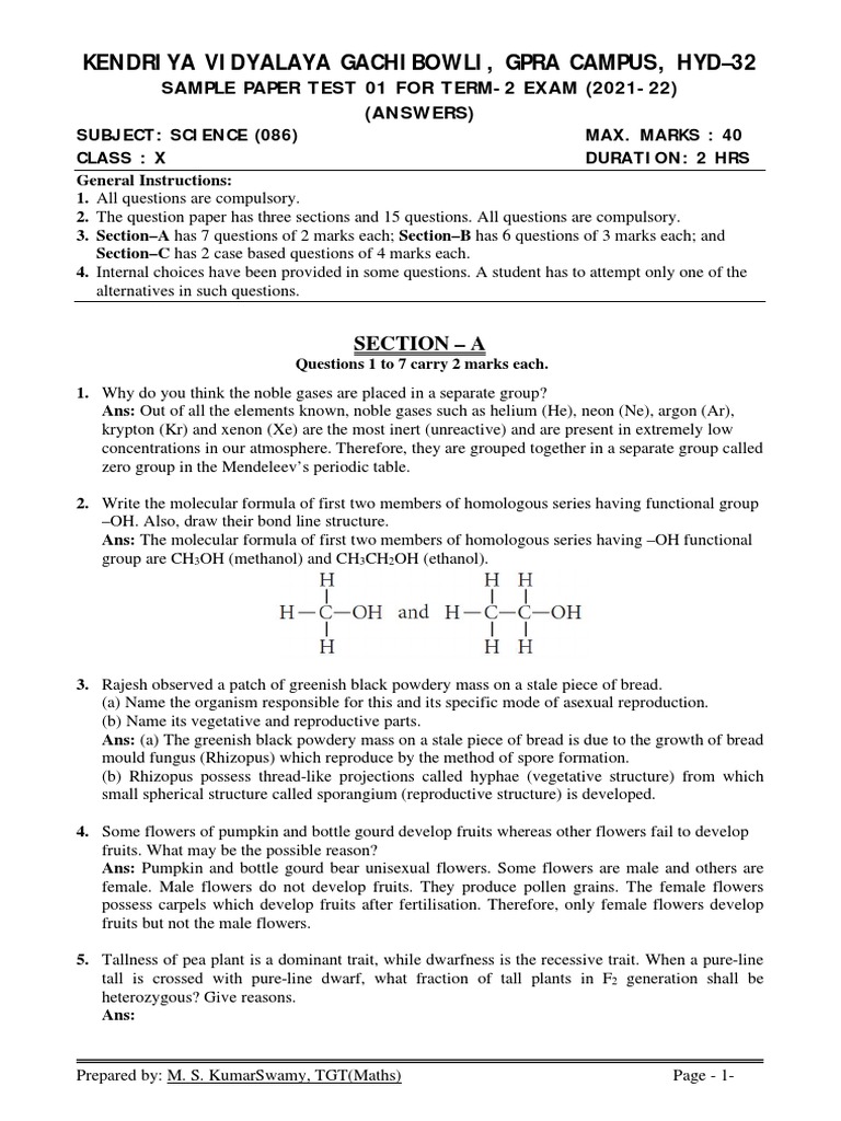 Science Class X Term 2 Sample Paper Test 01 2021 22 Answers Download