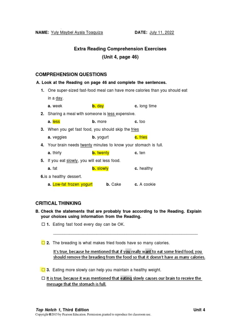 Extra Reading Comprehension Exercises (Unit 4, Page 46) Top Notch 1