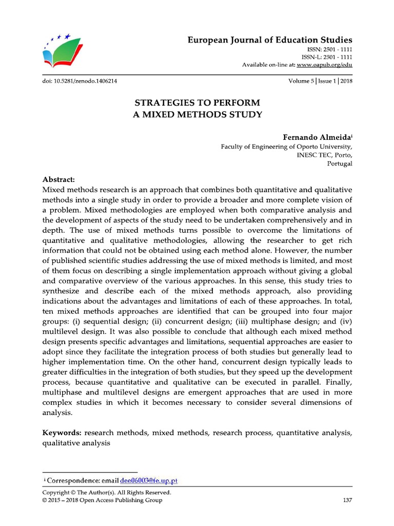 Strategies To Perform A Mixed Methods Study (Almeida) | PDF