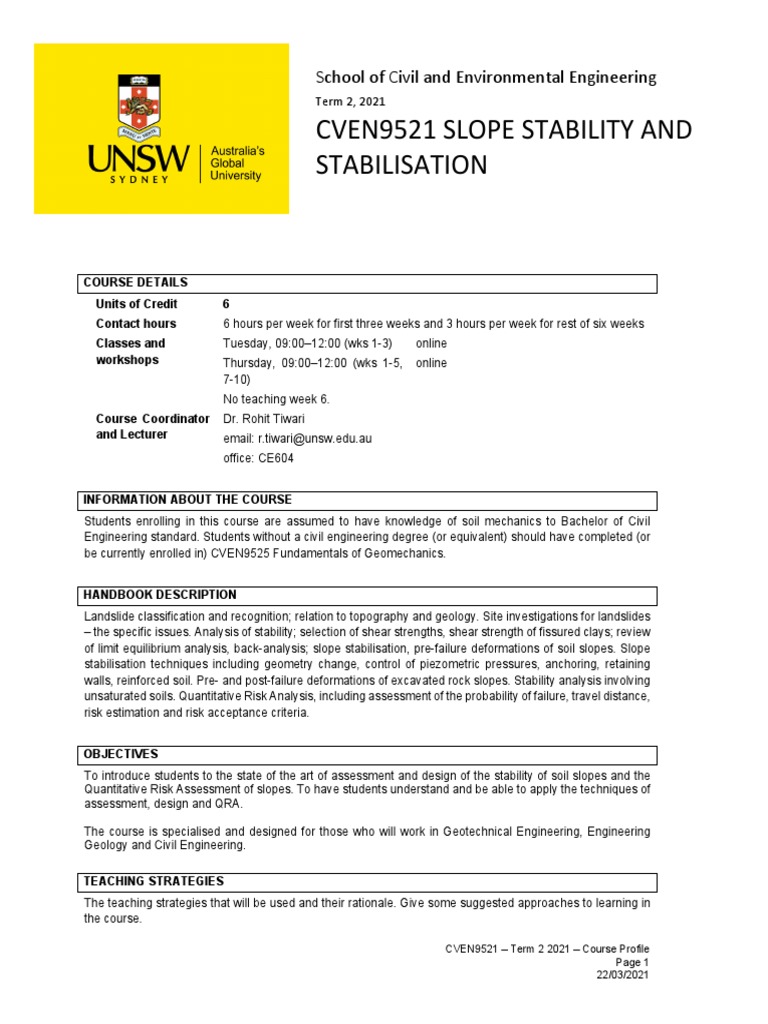 CVEN9521 Slope Stability Course Outline | PDF | Soil Mechanics | Landslide