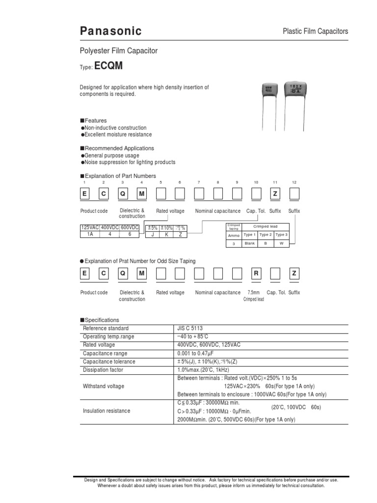 Panasonic Plastic Film Capacitors Polyester Film Capacitor PDF
