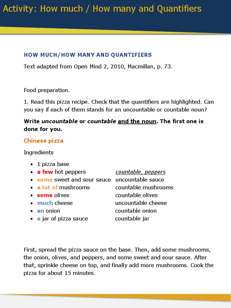 Quantifiers in Recipes: Countable vs Uncountable | PDF | Pizza | Chocolate