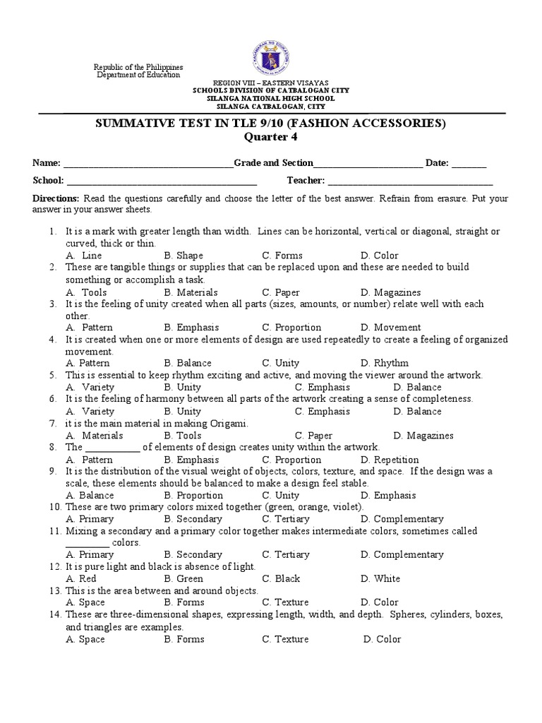 Summative Test in Tle 9/10 (Fashion Accessories) Quarter 4 Answer in