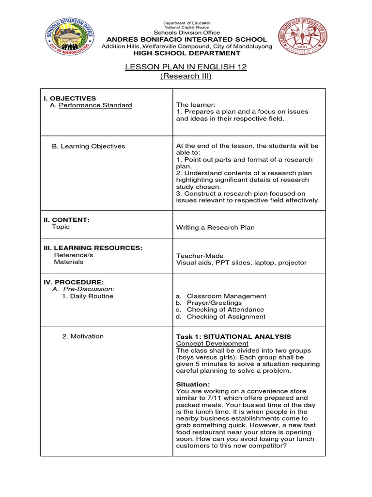 English 12 Research Plan Lesson Guide | PDF | Teaching Method ...