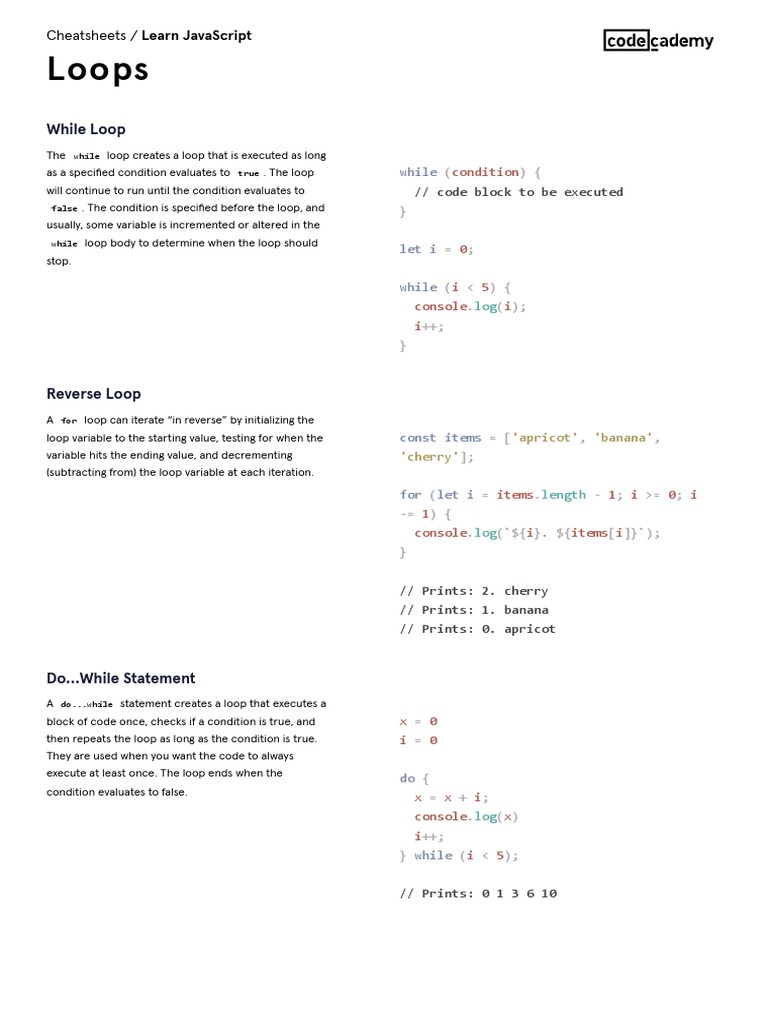 Learn JavaScript - Loops Cheatsheet - Codecademy | PDF | Control Flow ...