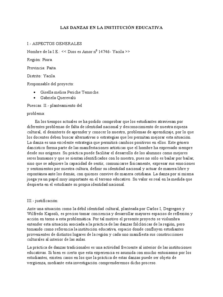 Proyecto de Danzas en La Institucion Educativa 14746 | PDF | Bailes ...