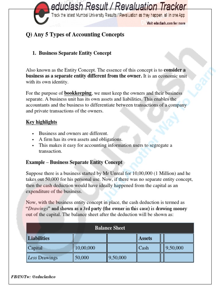 Q) Any 5 Types of Accounting Concepts: 1. Business Separate Entity
