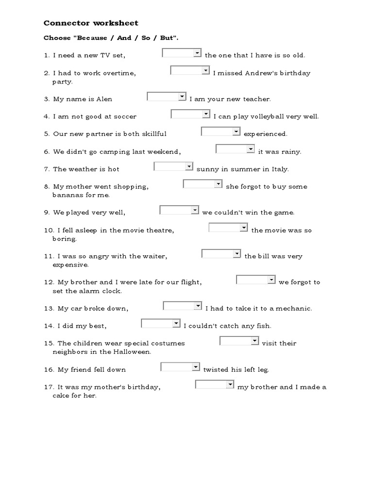Connector Worksheet Choose "Because / and / So / But" PDF