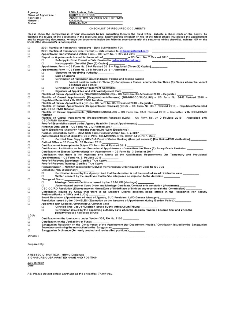 CS Form No. 34-E Plantilla of Casual Appointments NGA-GOCC-SUC-LUC