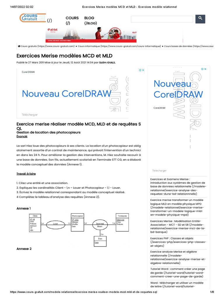 Exercices Merise Modèles MCD Et MLD - Exercices Modèle Relationnel ...