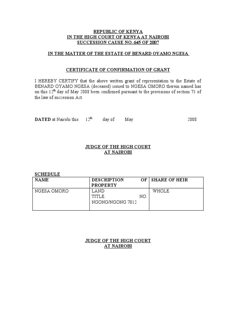 Certificate of Confimation of Grant Kenya PDF
