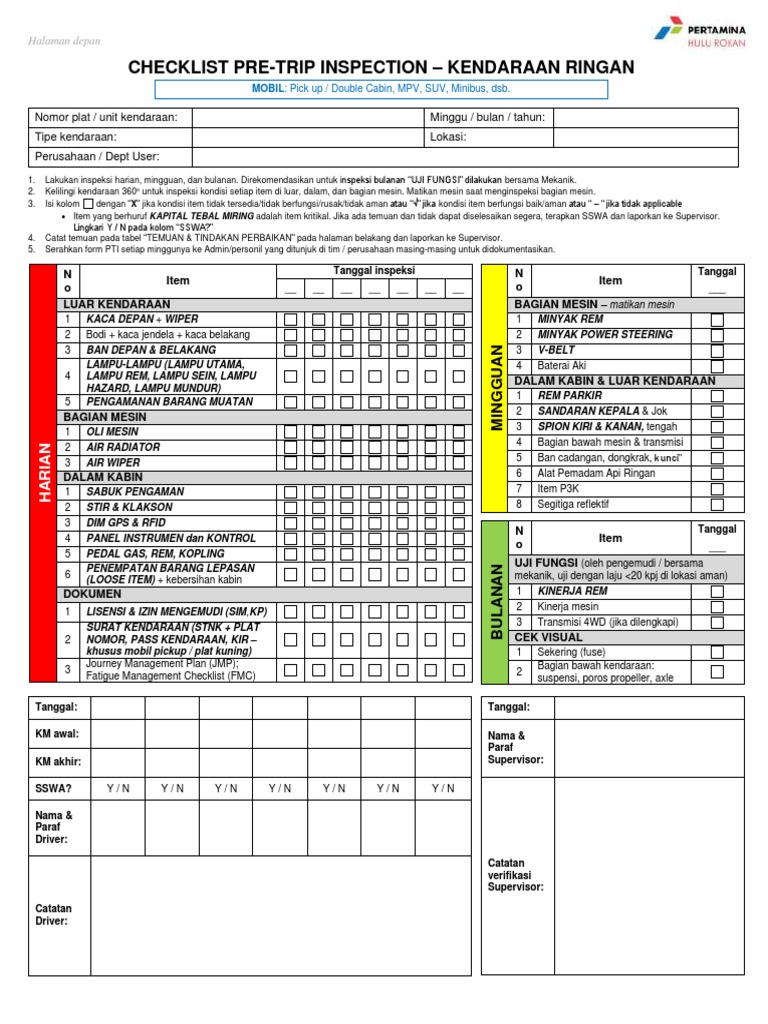 MVS Pre Trip Inspection Form Bahasa PDF