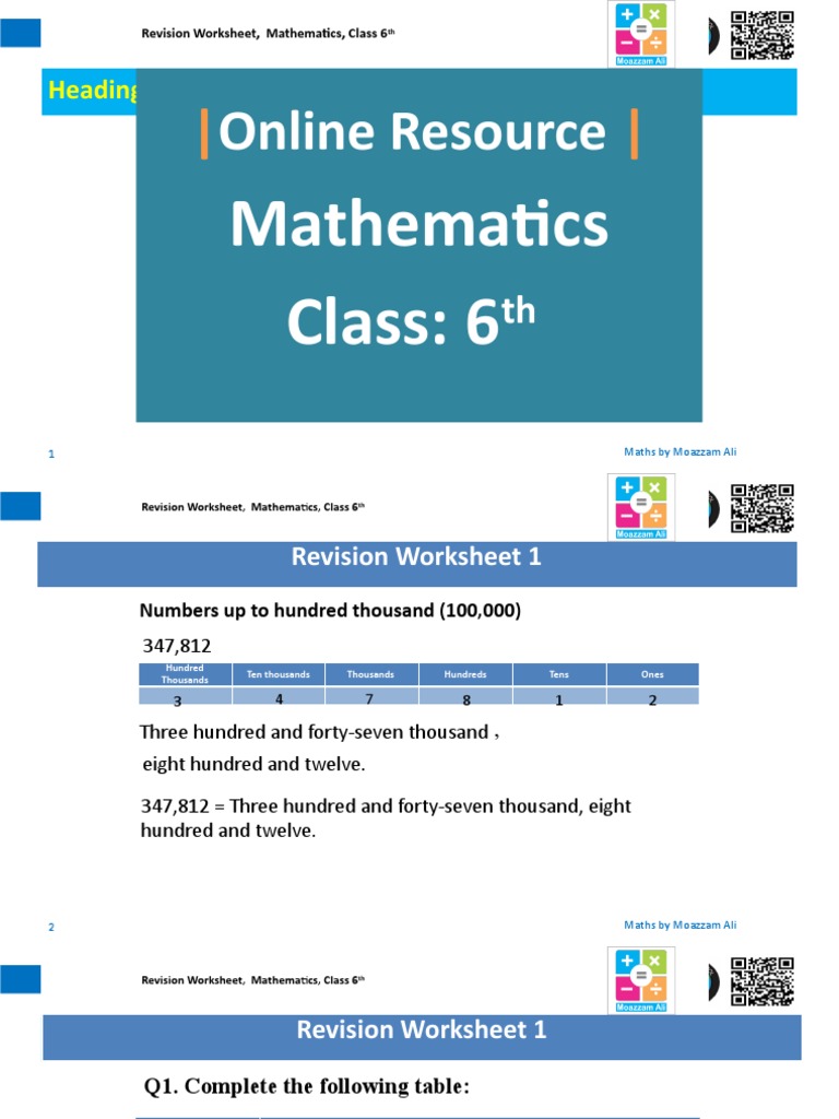Grade 6 Mathematics Revision Worksheets Week 1 Lecture 1 | Download