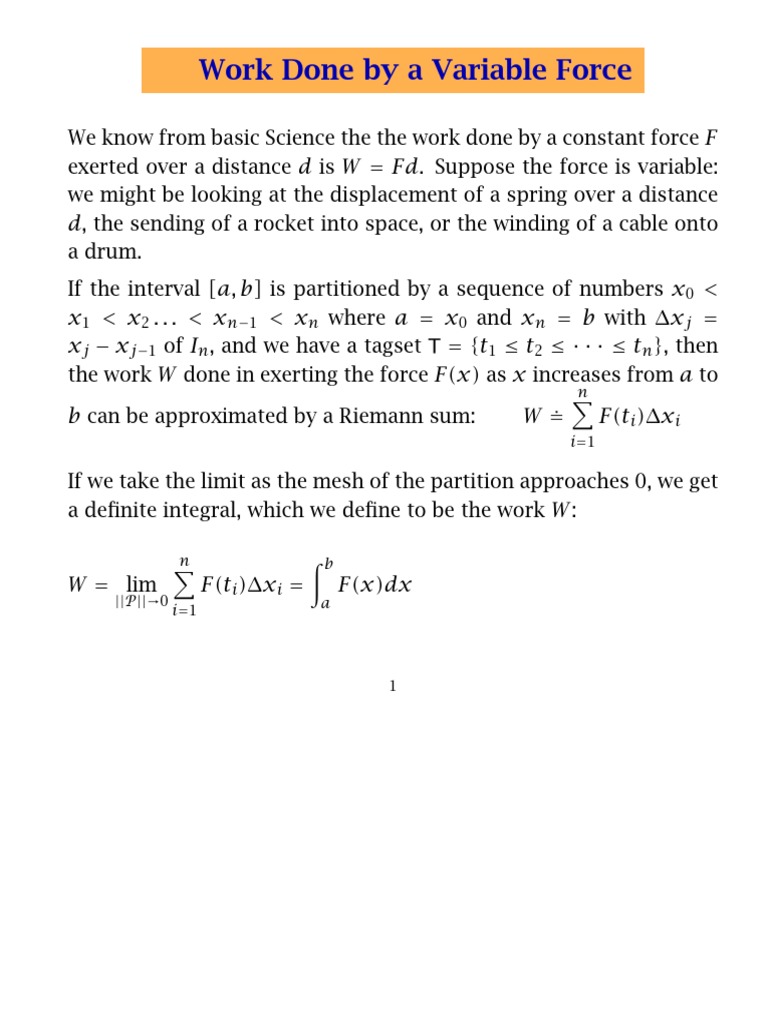 Work Done by A Variable Force | PDF | Integral | Force