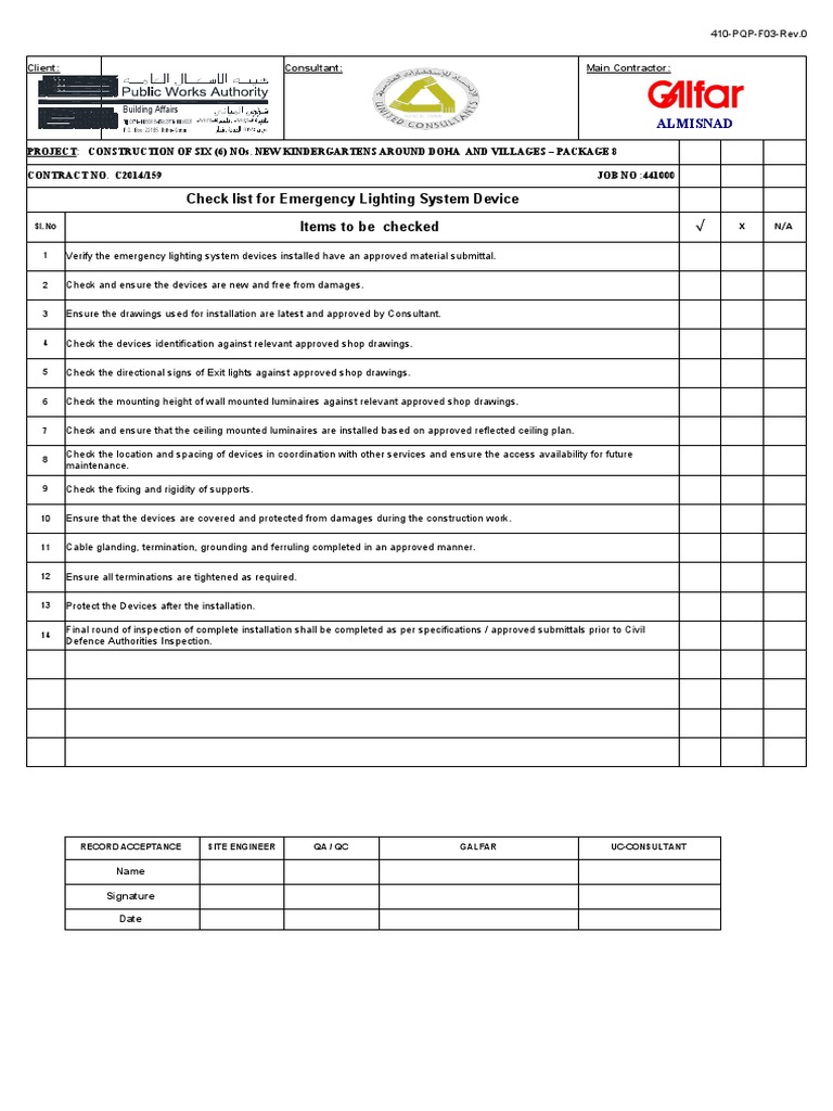 Emergency Lighting System Inspection Checklist | PDF | Civil ...