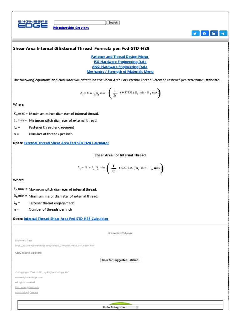 Shear Area Internal and External Thread Formula Per. FedSTDH28 PDF