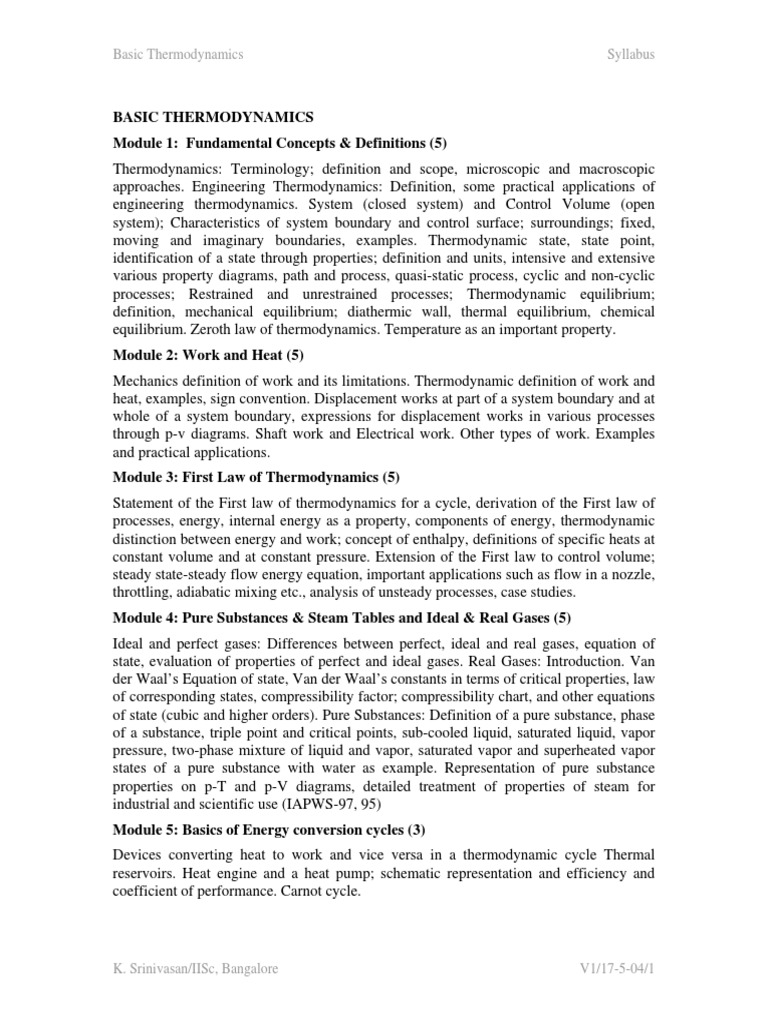 Basic Thermodynamics Course Syllabus | PDF | Heat | Thermodynamic ...
