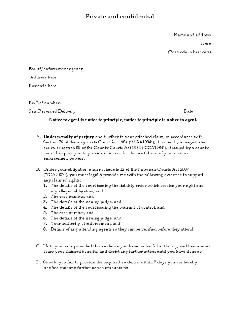 Notice To Bailiff Agency | PDF | Legal Liability | Judge