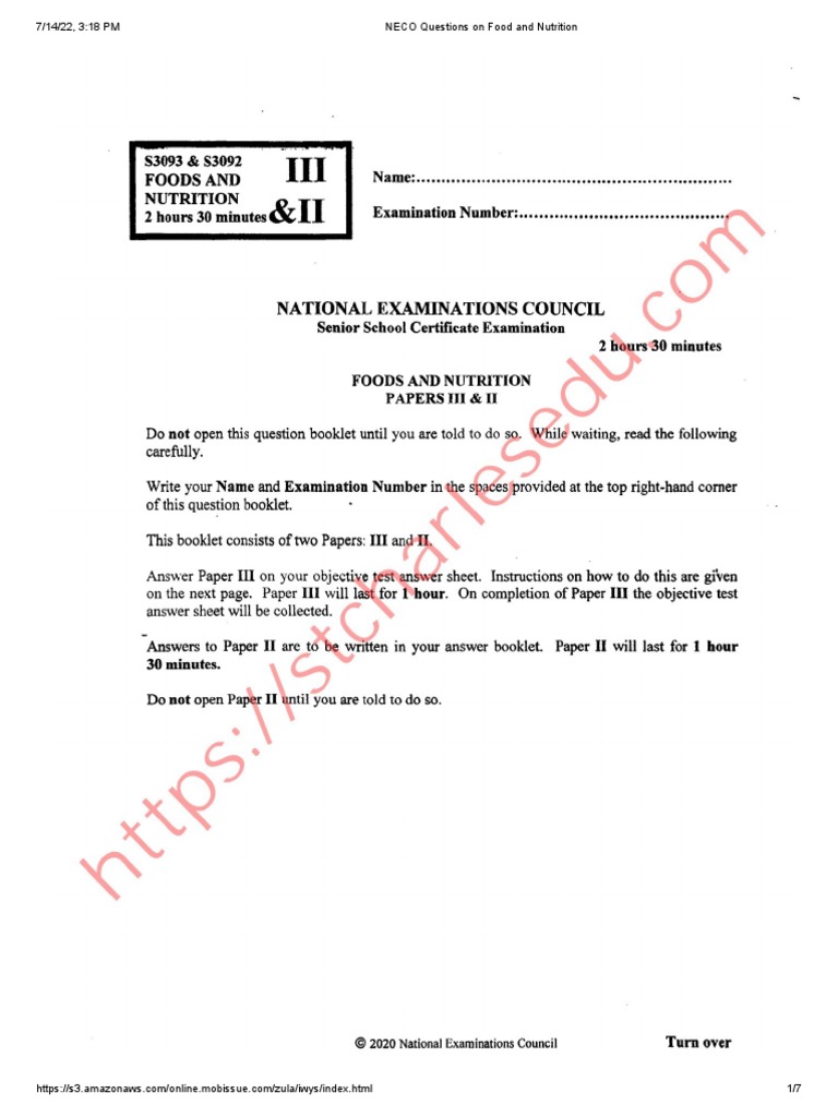 NECO Past Questions On Food and Nutrition | PDF | Nutrients | Foods