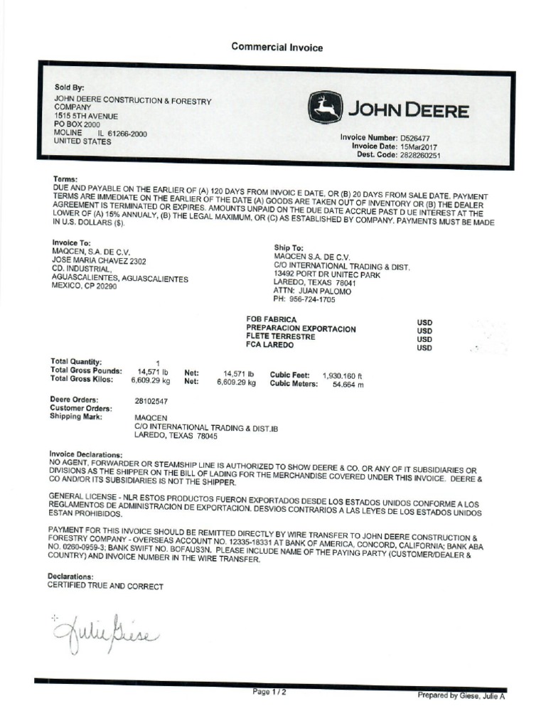 Factura Original Jonh Deere 310L 2017 | PDF