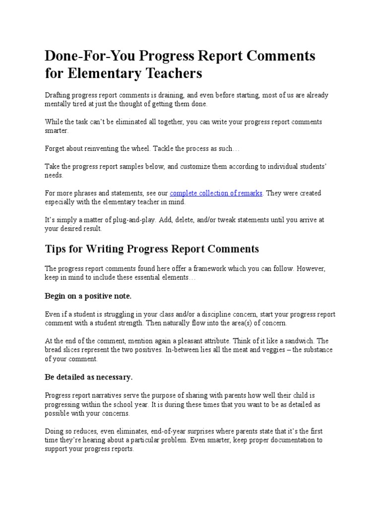 DoneForYou Progress Report Comments For Elementary Teachers PDF