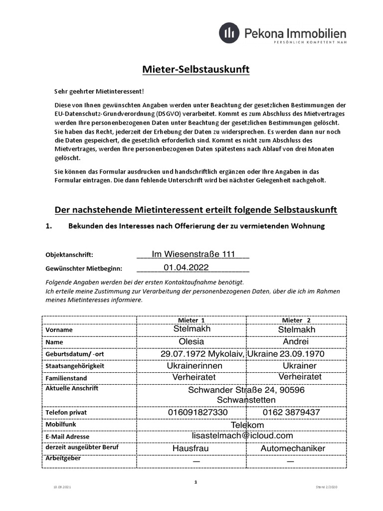 Mieterselbstauskunft 2021 | PDF