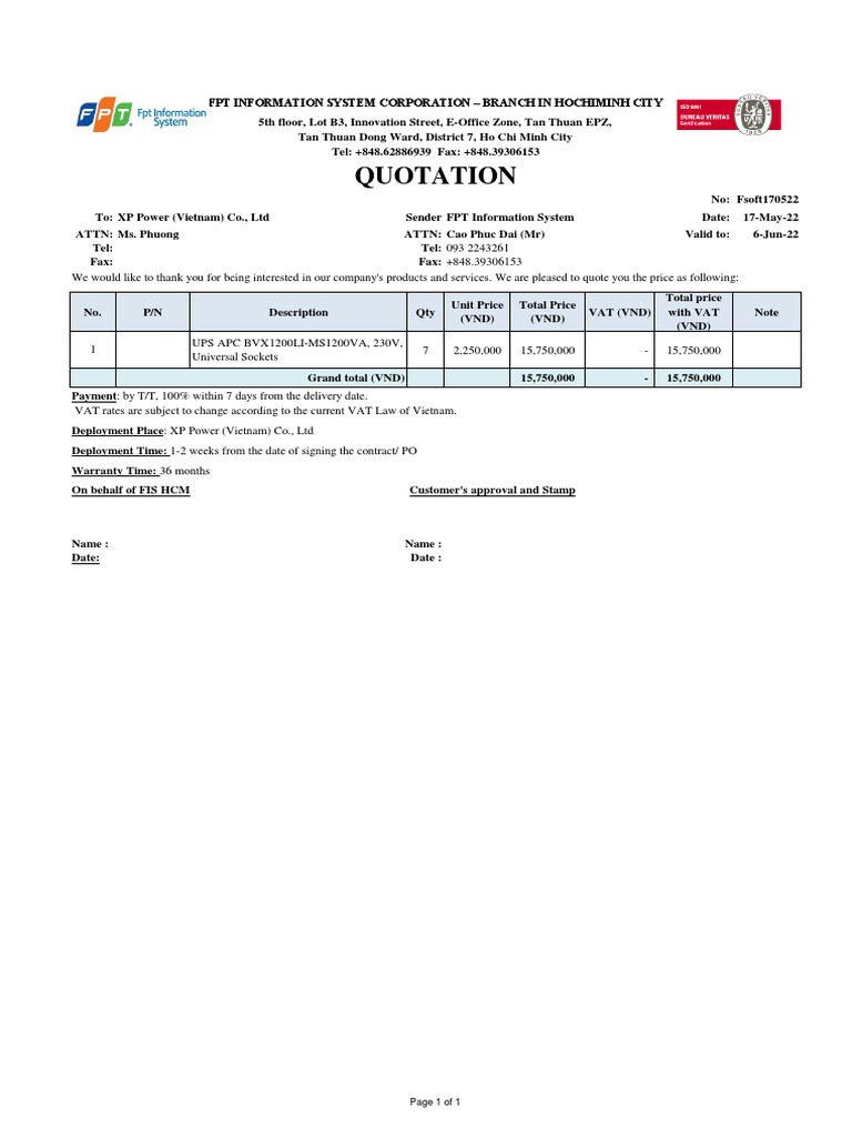 Fpt-Quotation XP Power - Apc 170522-Ups | PDF | Ho Chi Minh City