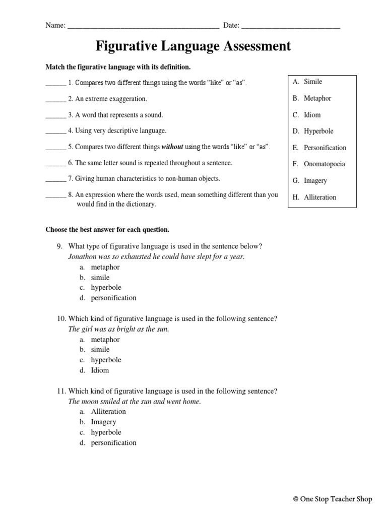 Figurative language test pdf metaphor linguistics