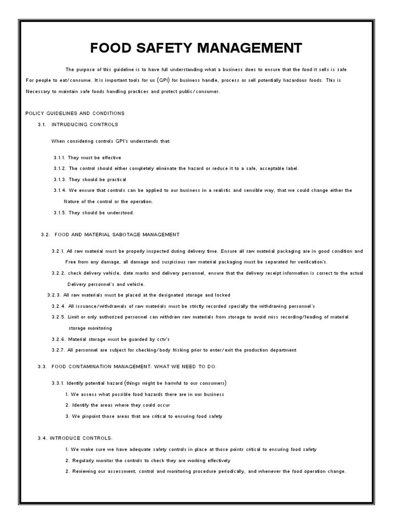 Food Safety Plan PDF Food Safety Foods