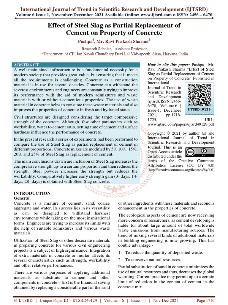 Effect of Steel Slag As Partial Replacement of Cement On Property of ...