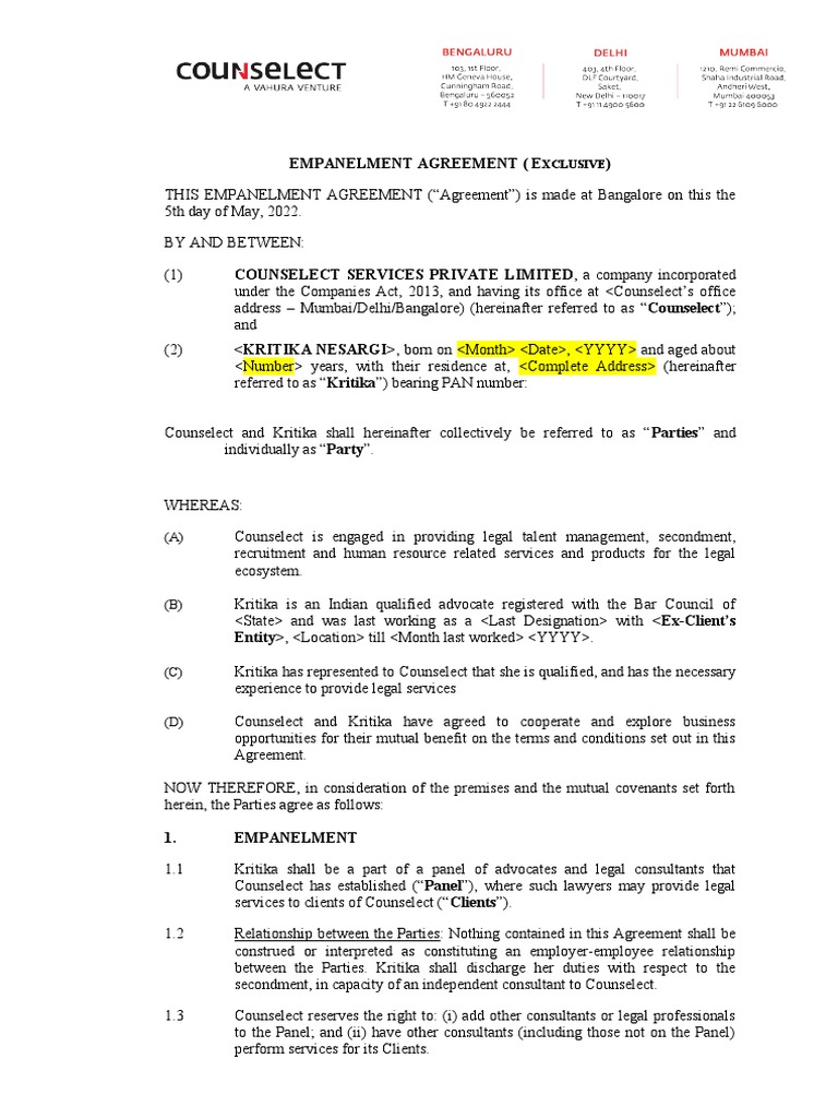 Empanelment Agreement Template - Kritika Nesargi (Draft) | PDF ...