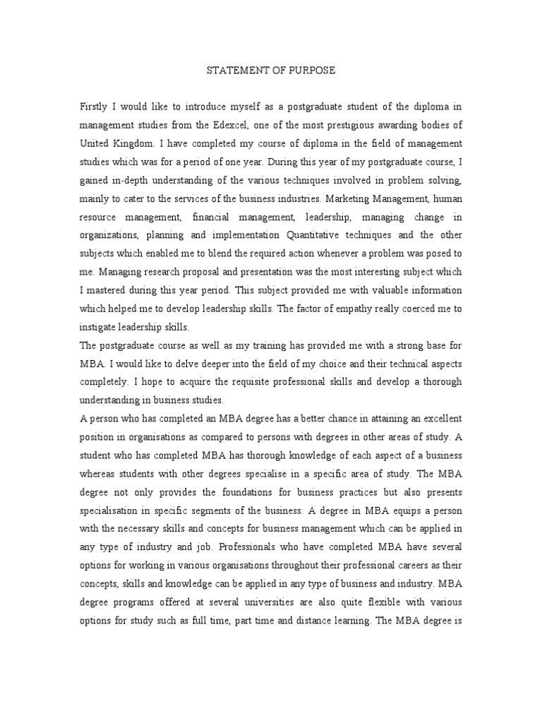 MBA Statement of Purpose Example | PDF | Master Of Business ...