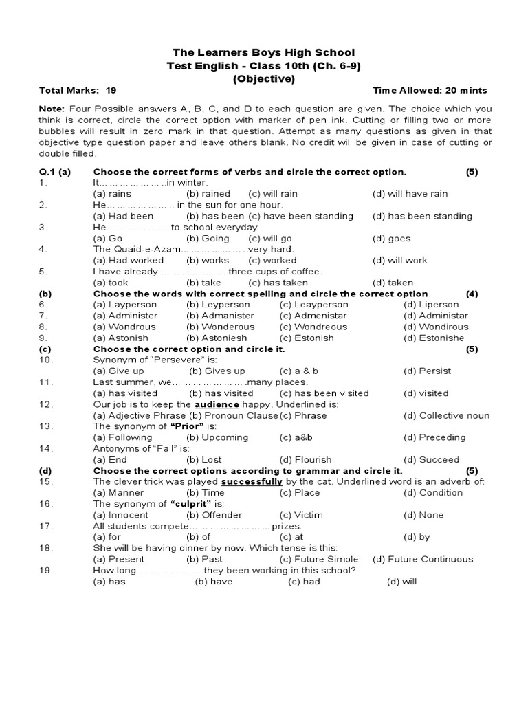 Class 10 English Test Paper | PDF | Adverb | Language Families