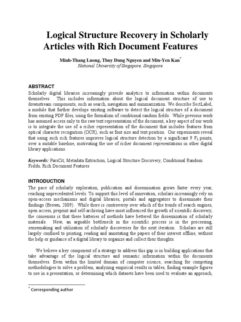Logical structure recovery in scholarly articles with rich document
