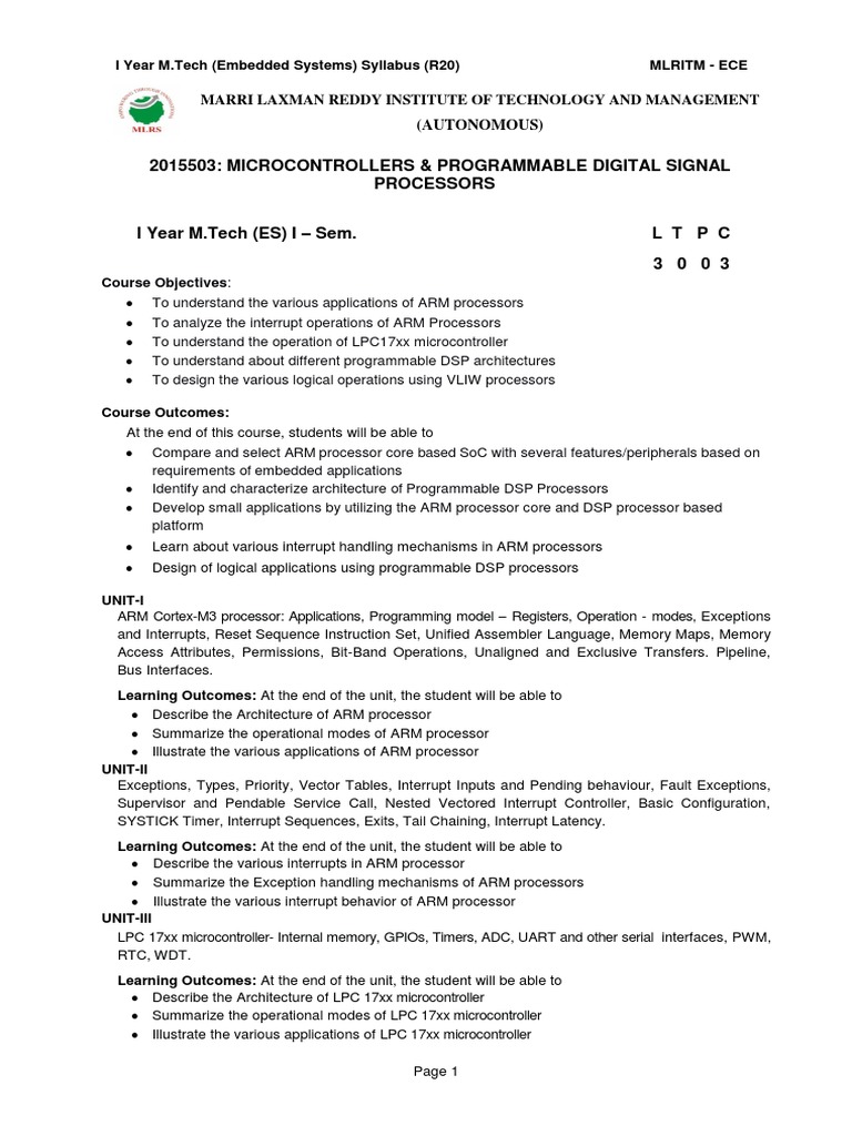 02 - R20 I Yr M.Tech (Embedded Systems) I Sem - Syllabus | PDF ...