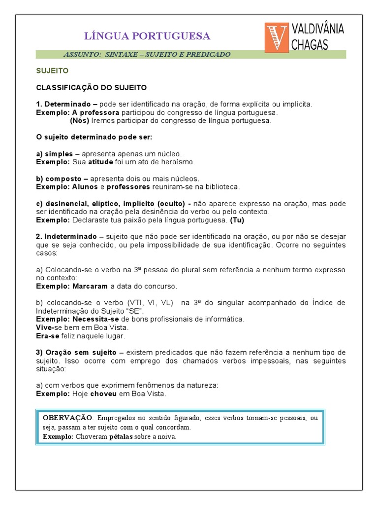 Sintaxe: Sujeito e Predicado em Português | PDF | Assunto (gramática ...