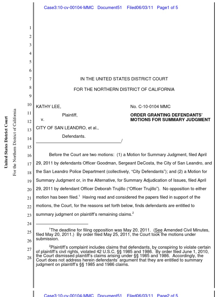 Order Granting Defendants' Motions For Summary Judgment PDF Summary