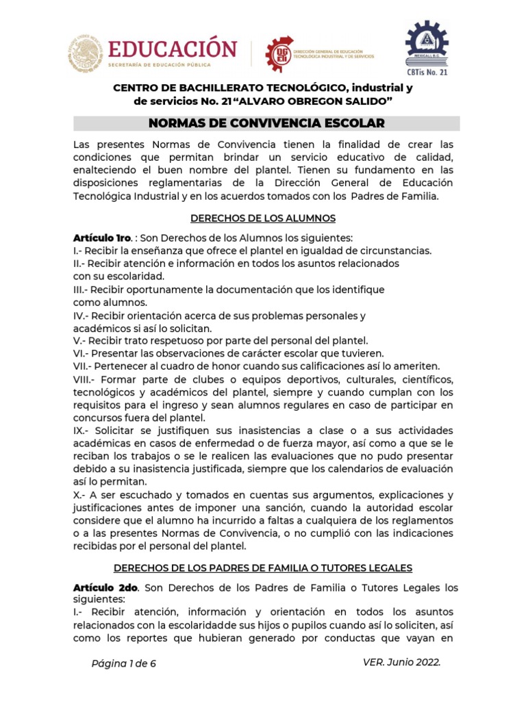 Normas de Convivencia Escolar CBTIS 21 | PDF | Ciencias sociales ...